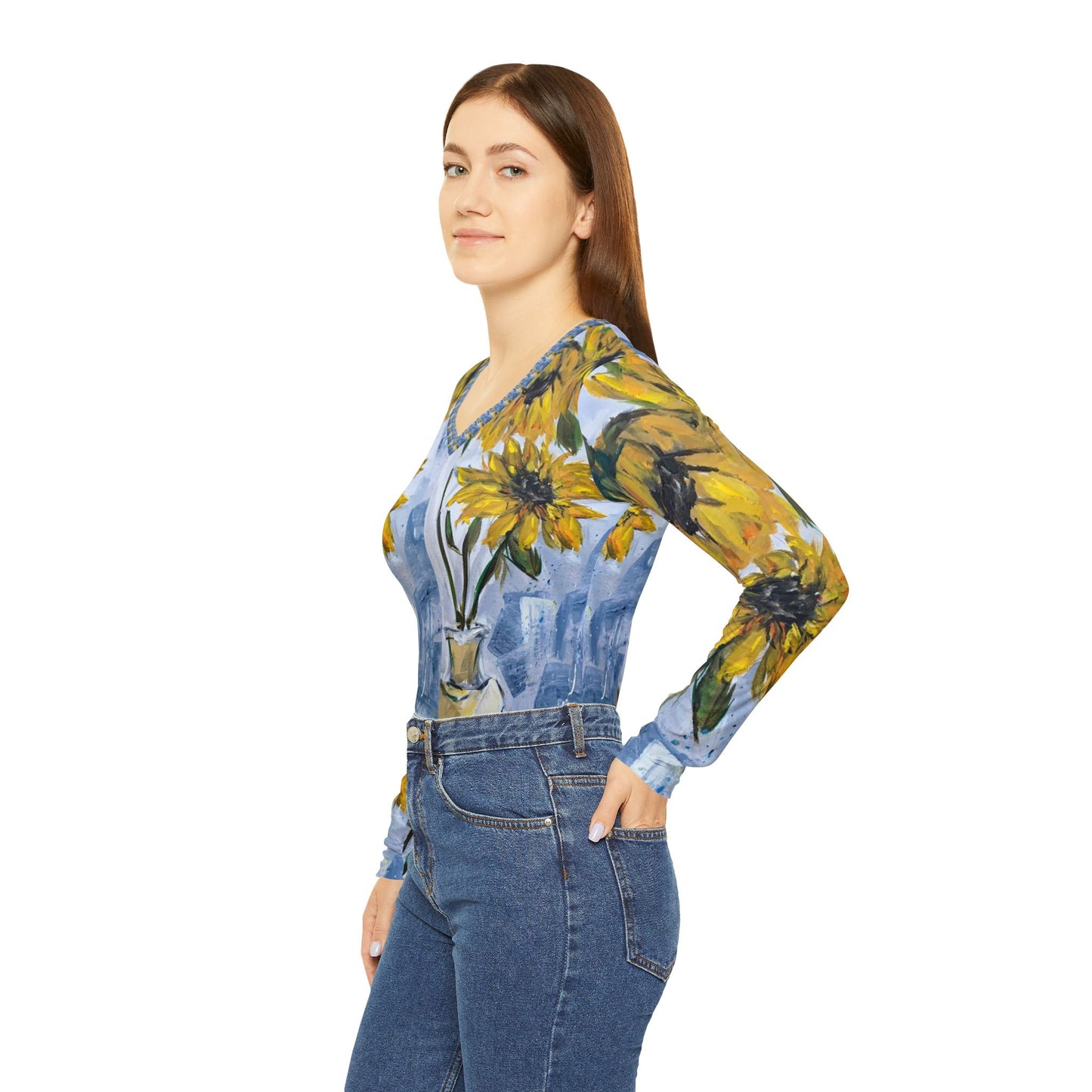 Long Sleeve Shirt- Shabby Sunflowers- V-neck Women's