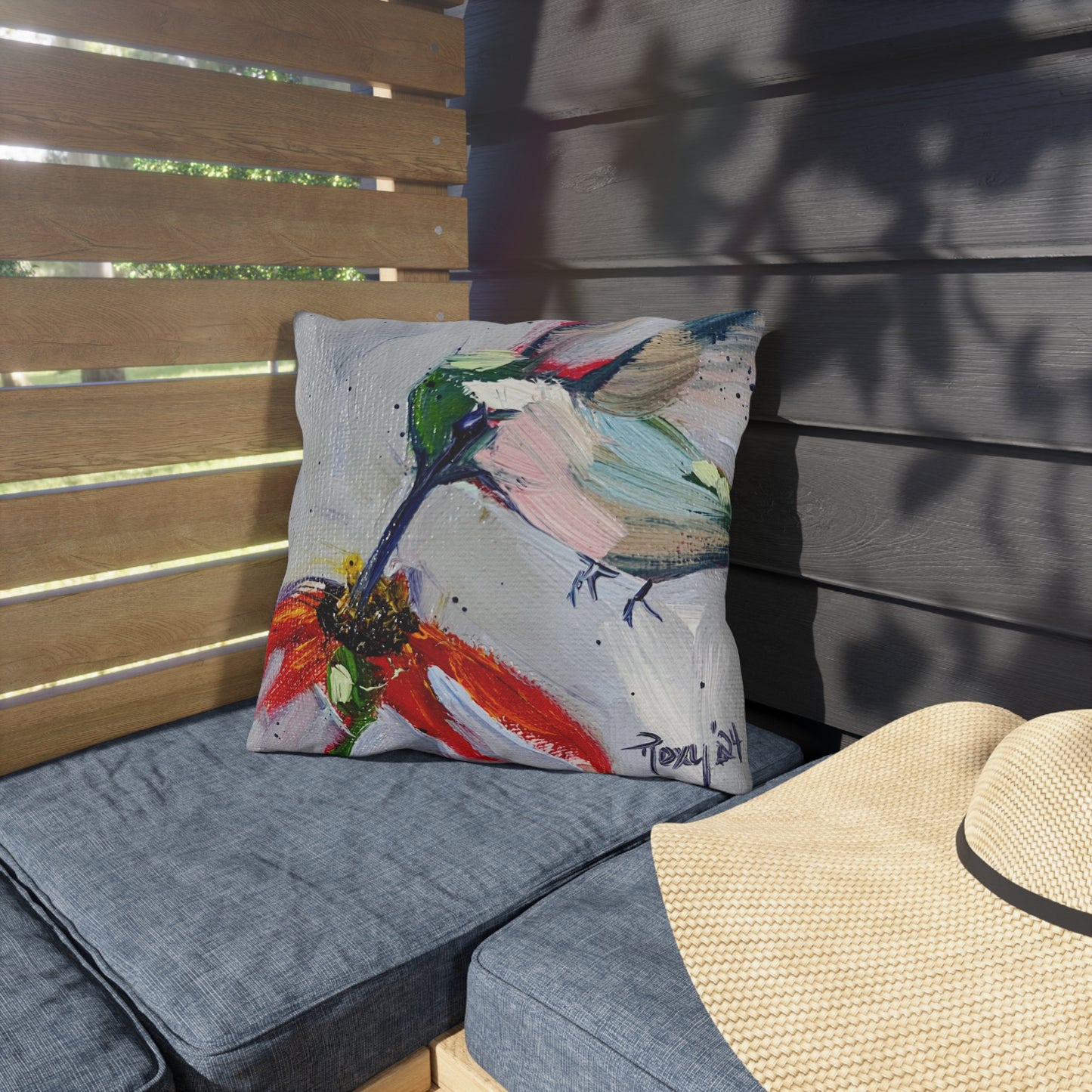 Colibri sur un coussin d’extérieur à échinacée