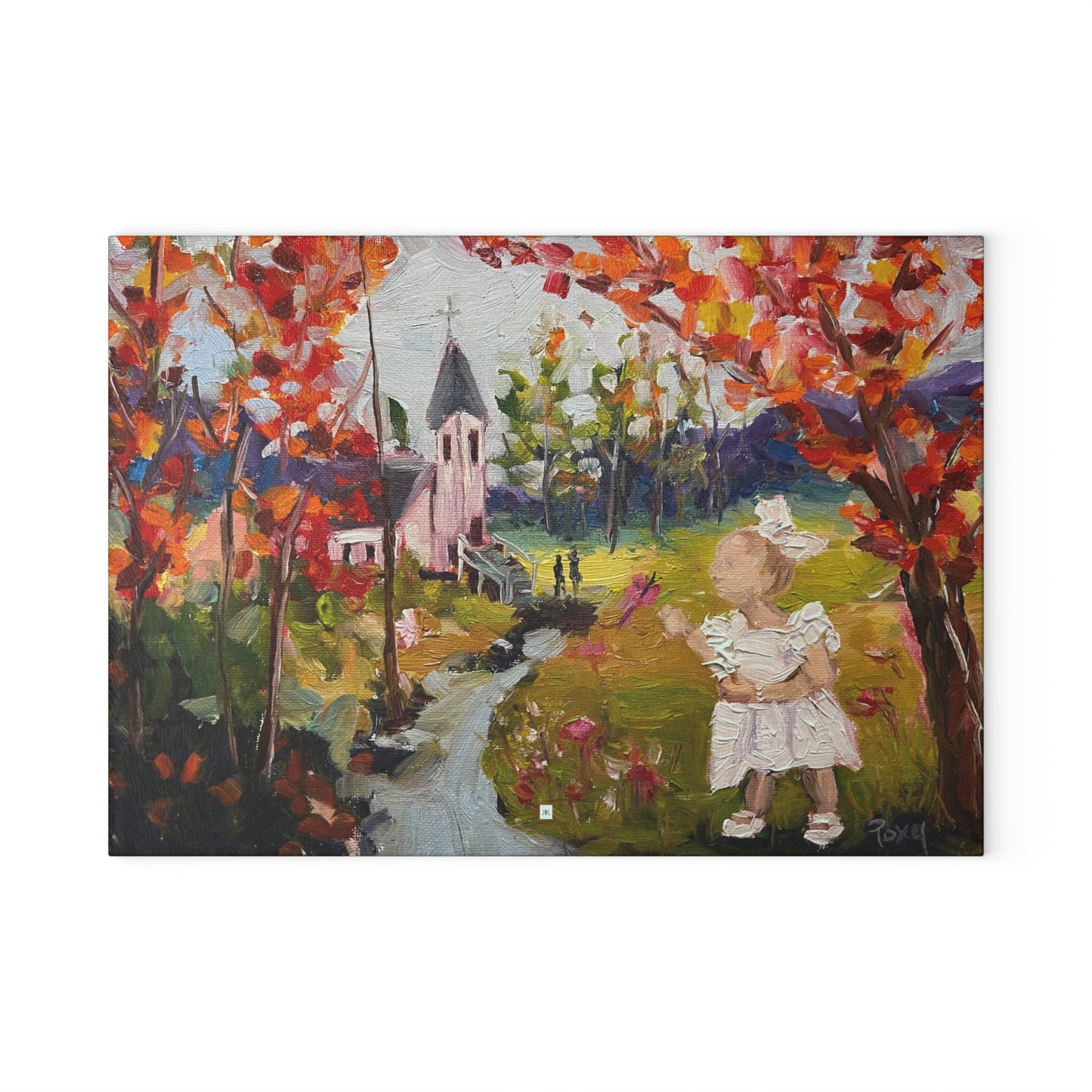 Isla at the Baptism (Rural Church Landscape with Toddler) Glass Cutting Board