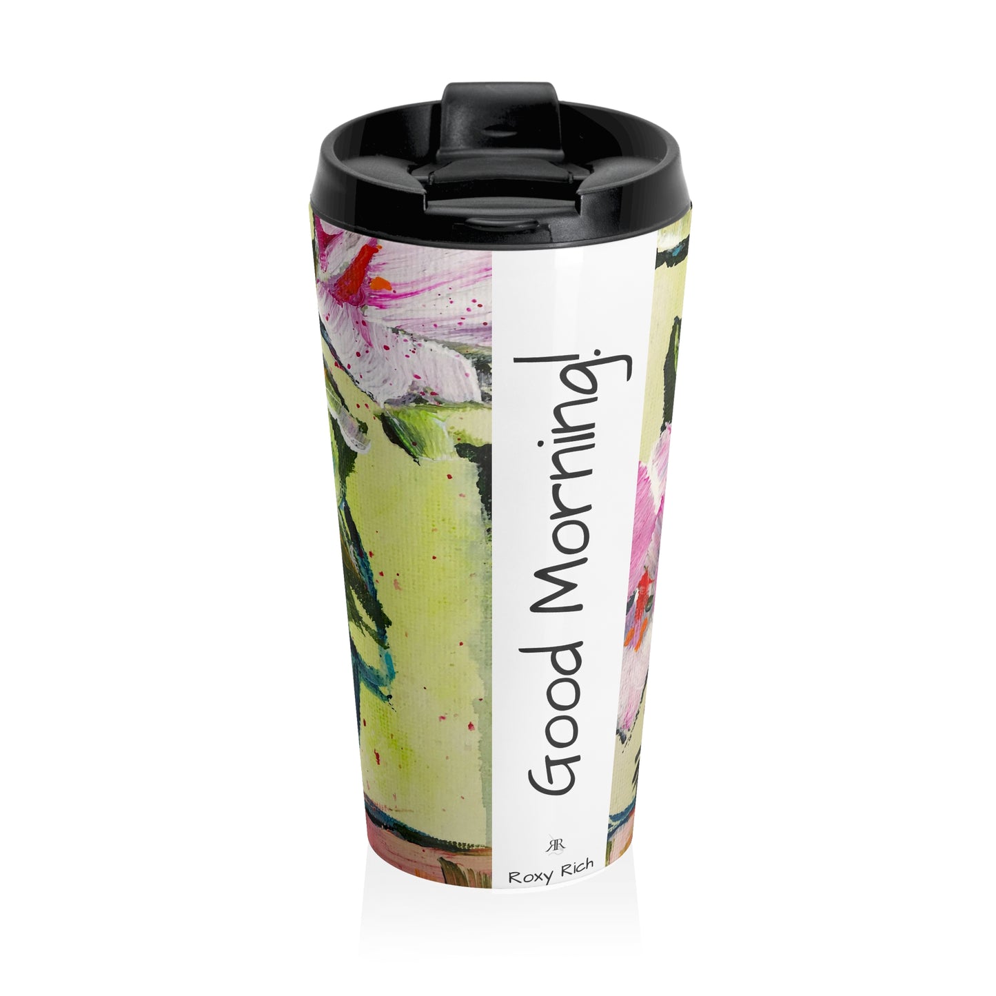 Pink Gardenias in a Blue Vase #2 "Good Morning!" Stainless Steel Travel Mug
