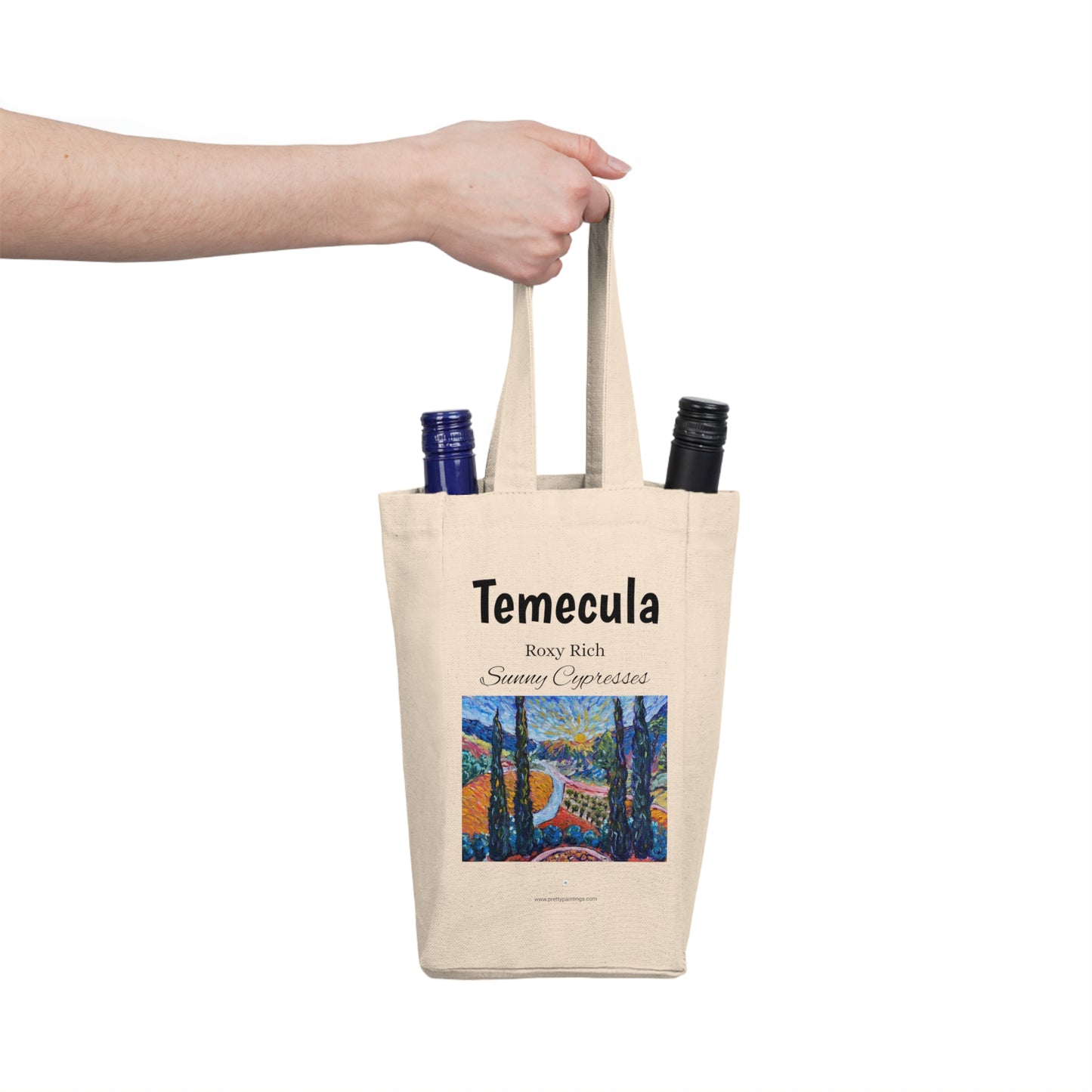 Temecula Double Wine Tote Bag featuring "Sunny Cypresses" painting