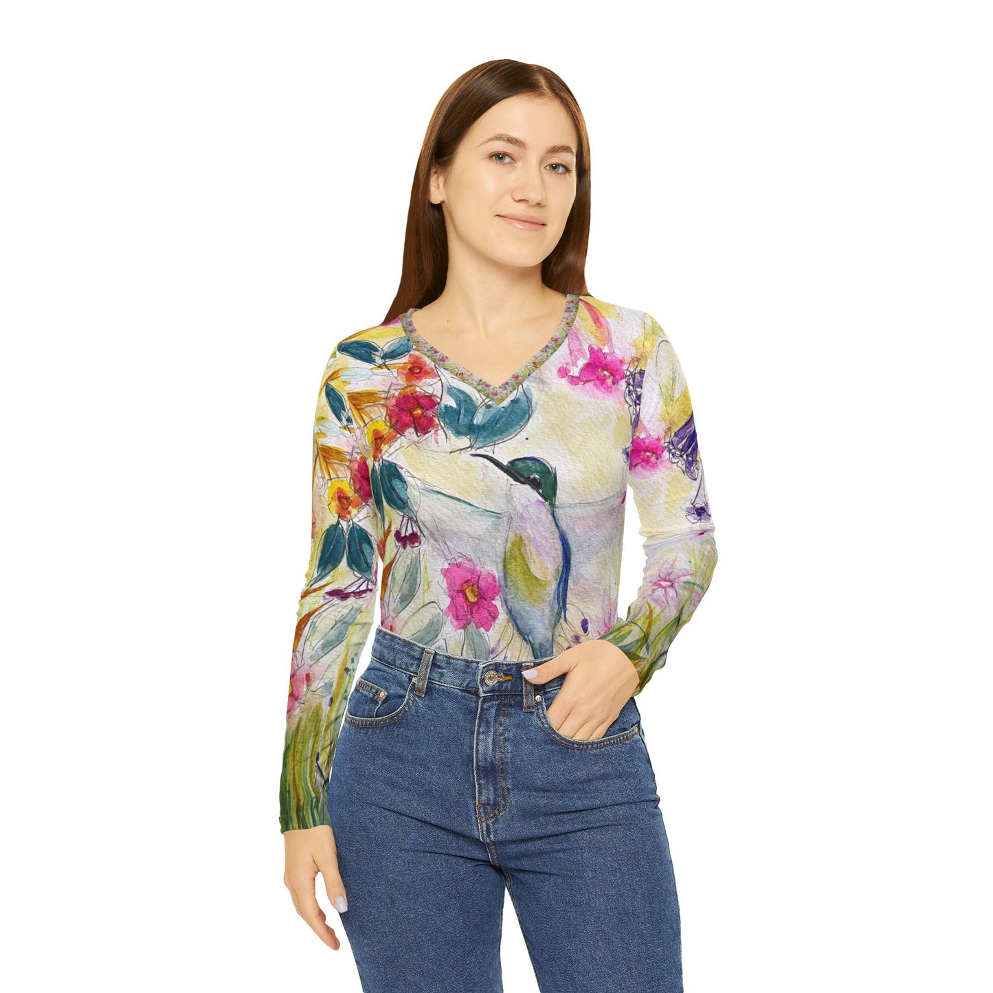 Long Sleeve Shirt- Hummingbird in a Tube Flower Garden- V-neck Women's