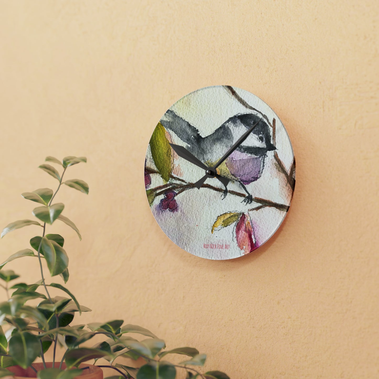 Chickadee on a Berry Tree Acrylic Wall Clock