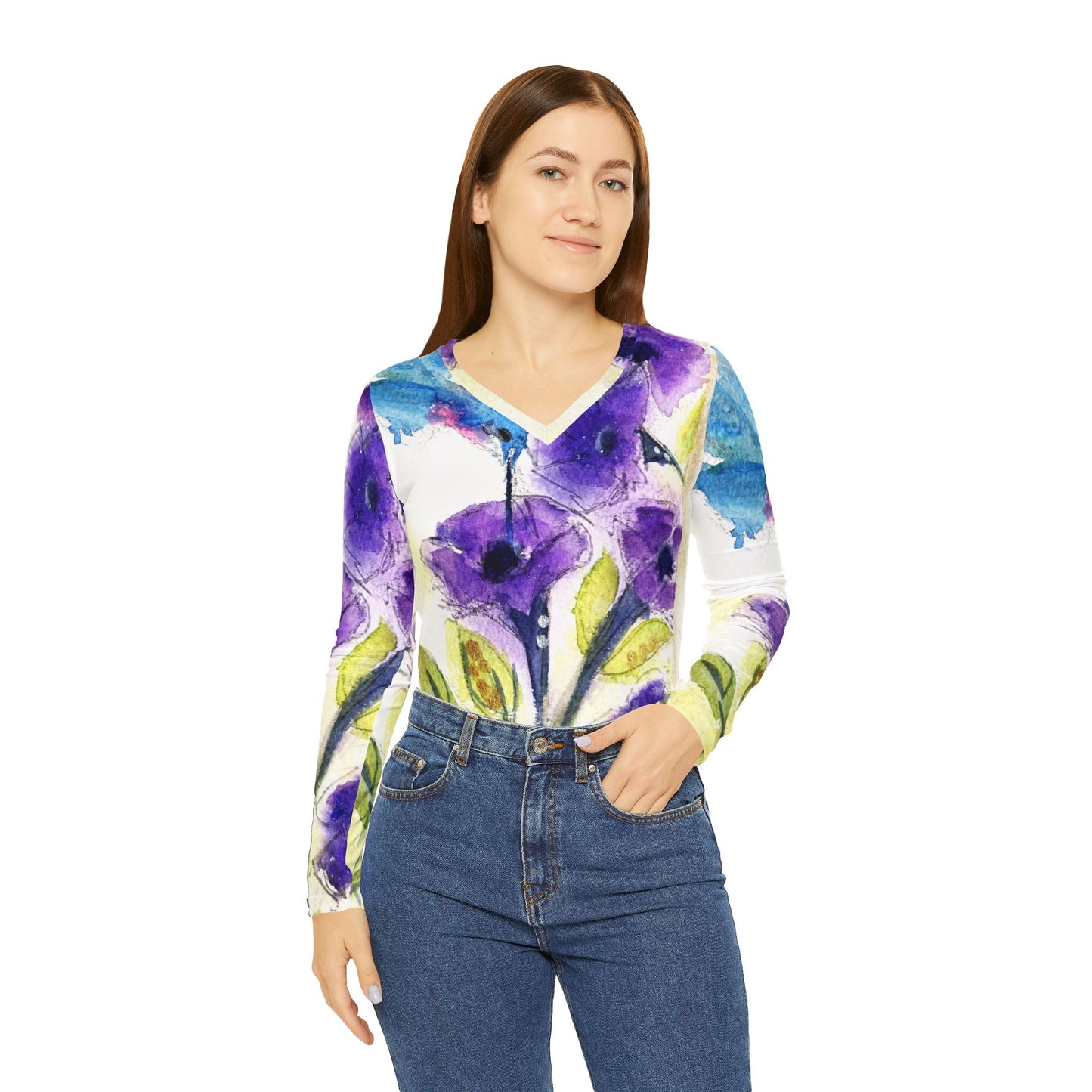 Long Sleeve Shirt- Hummingbird in Purple Tube Flowers- V-neck Women's