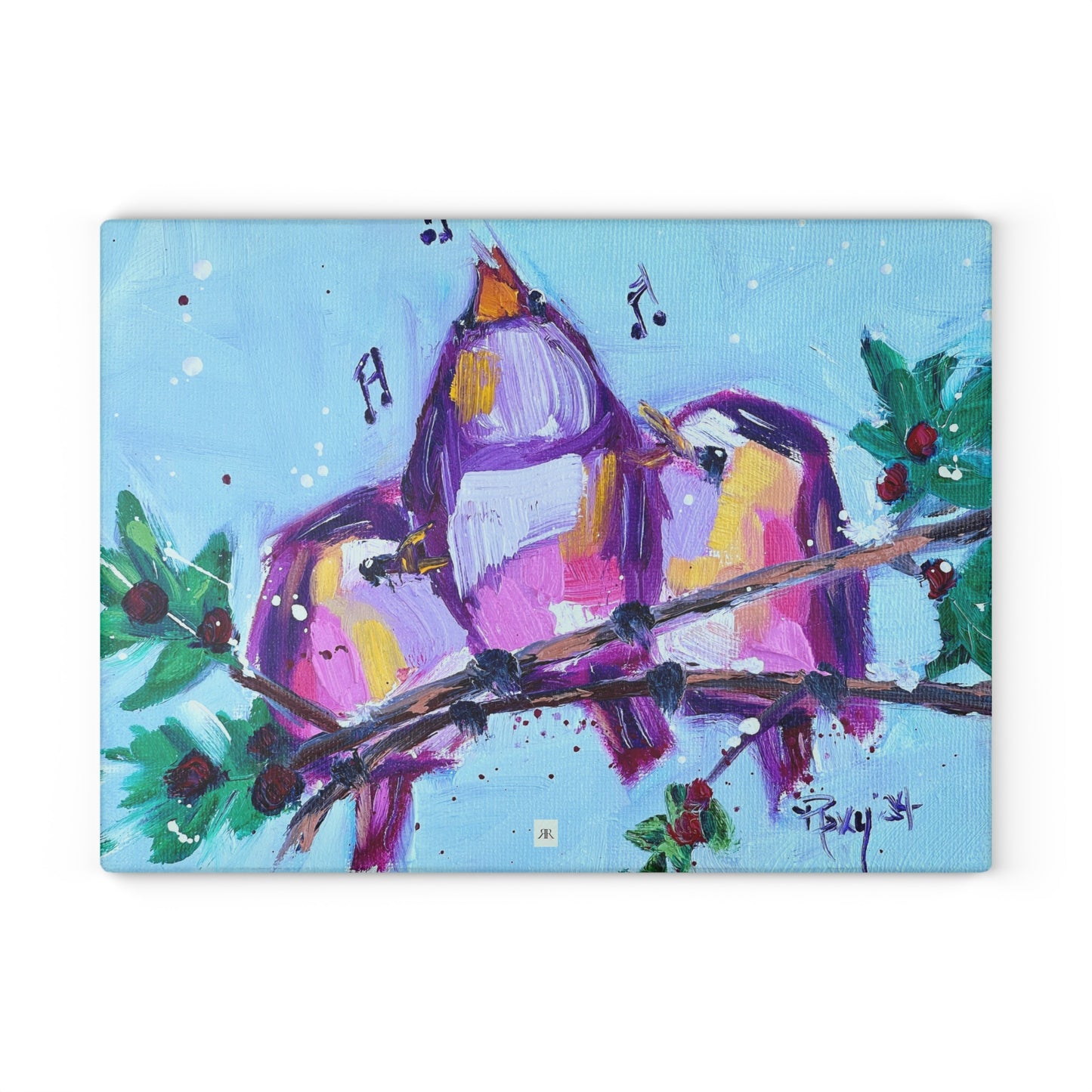 Glass Cutting Board-Fa La La-Whimsical Singing Birds Perched on a Snowy Branch with Berries