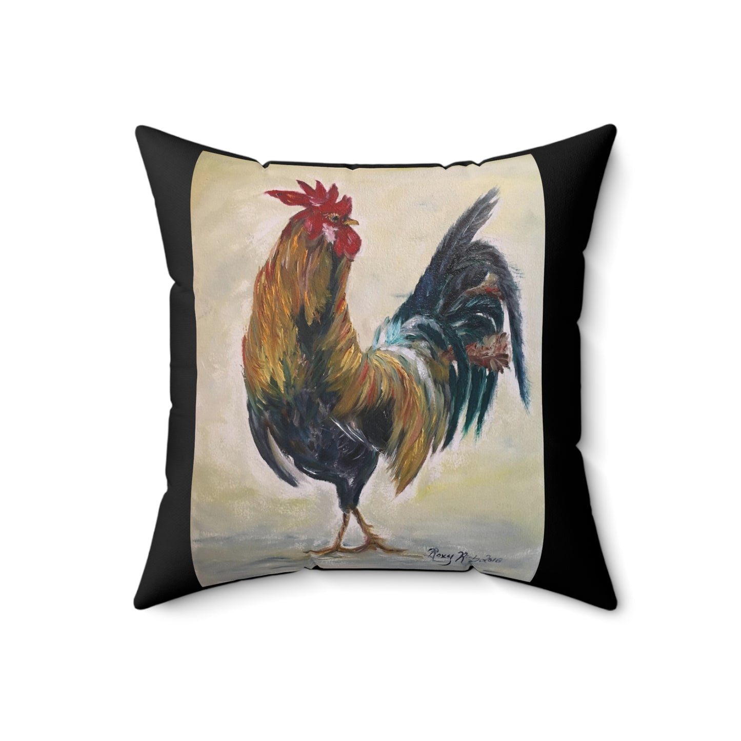 Rooster (Who you Calling Chicken?) Black Background Indoor Spun Polyester Square Pillow