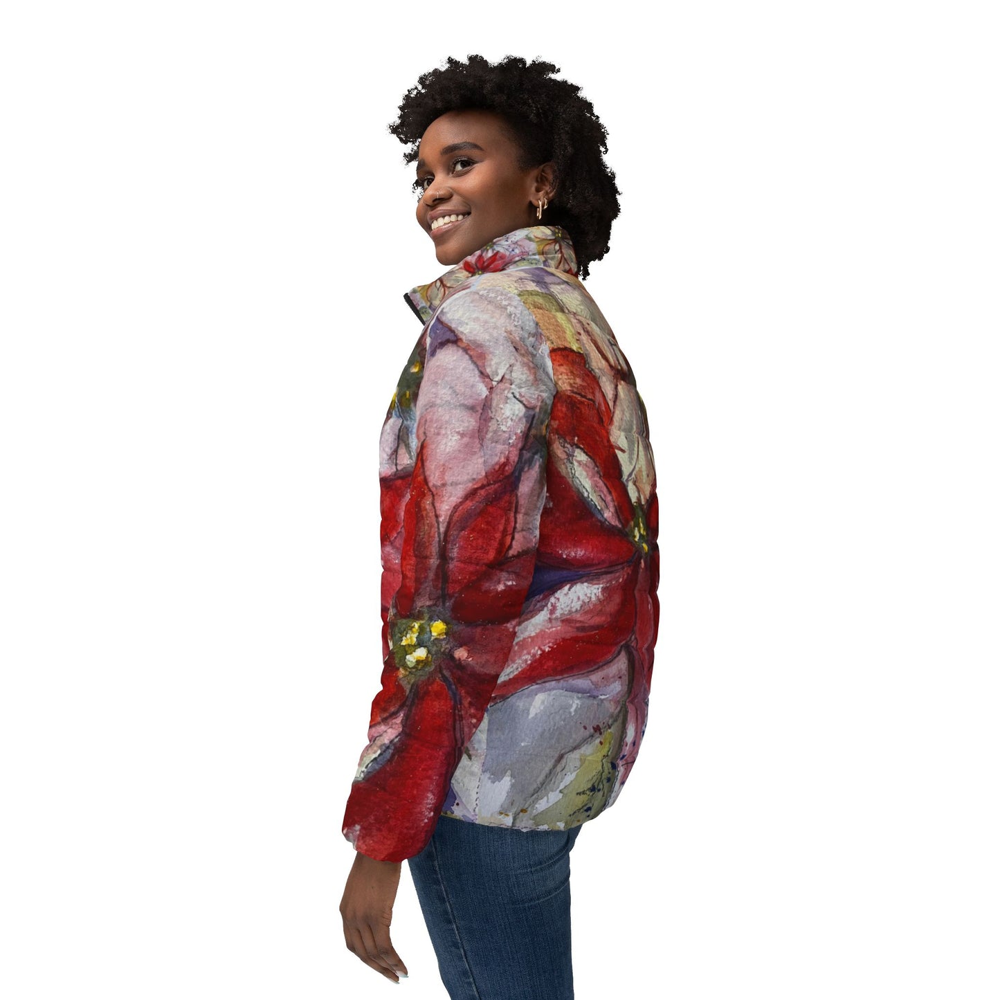 Women's Puffer Jacket - Roxy Rich Fine Art Design-Poinsettias