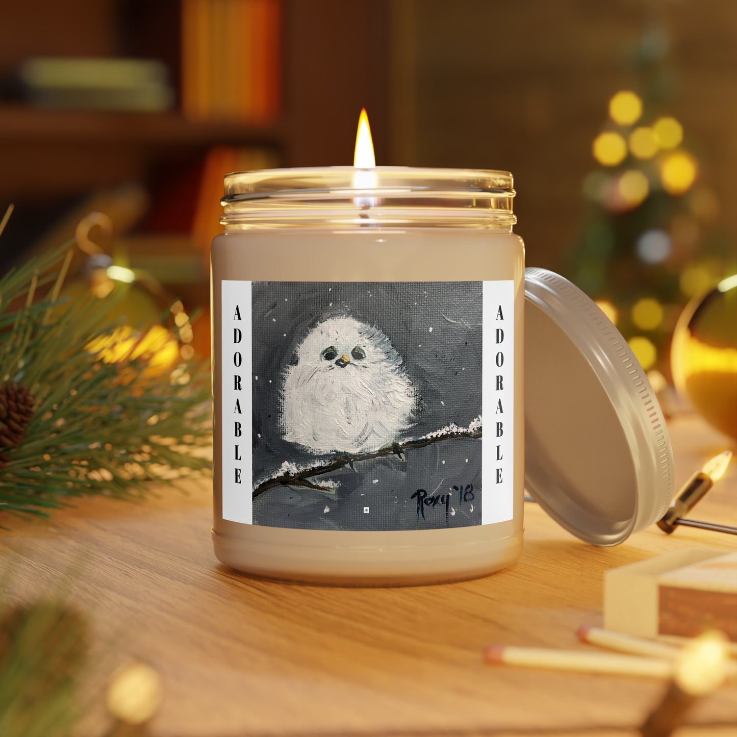 Scented Candles, 9oz-Adorable Fluffy Baby Tit perched on a Snowy Branch