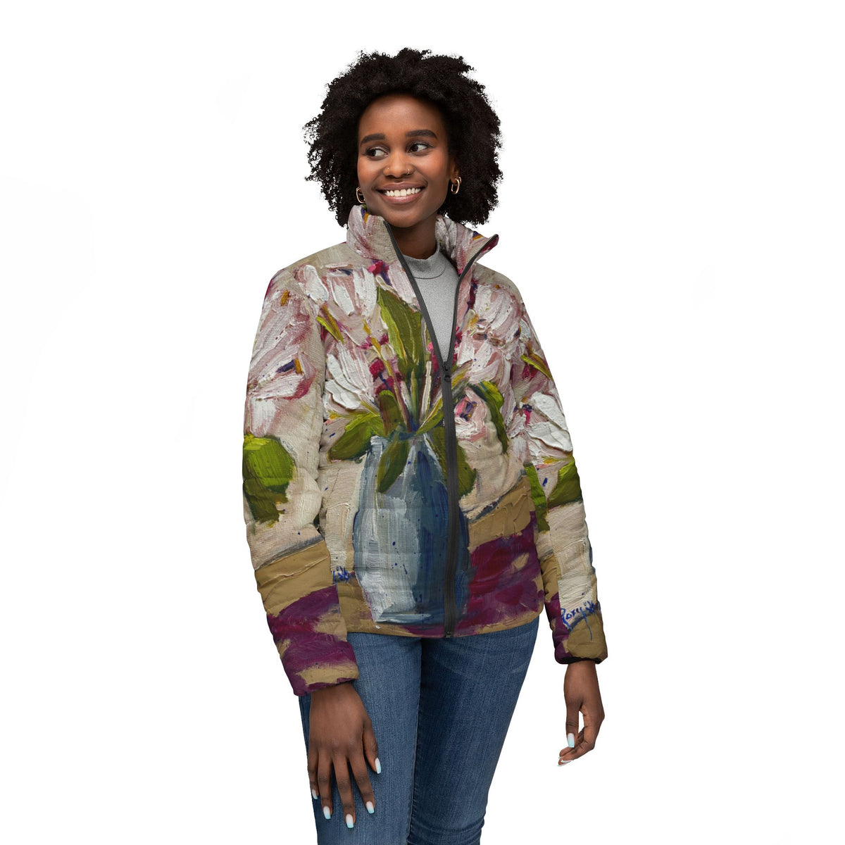 Women's Puffer Jacket - Roxy Rich Fine Art -Tulips on the Table