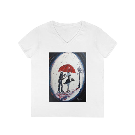 Camiseta con cuello en V para mujer Pareja romántica en París "El caballero"