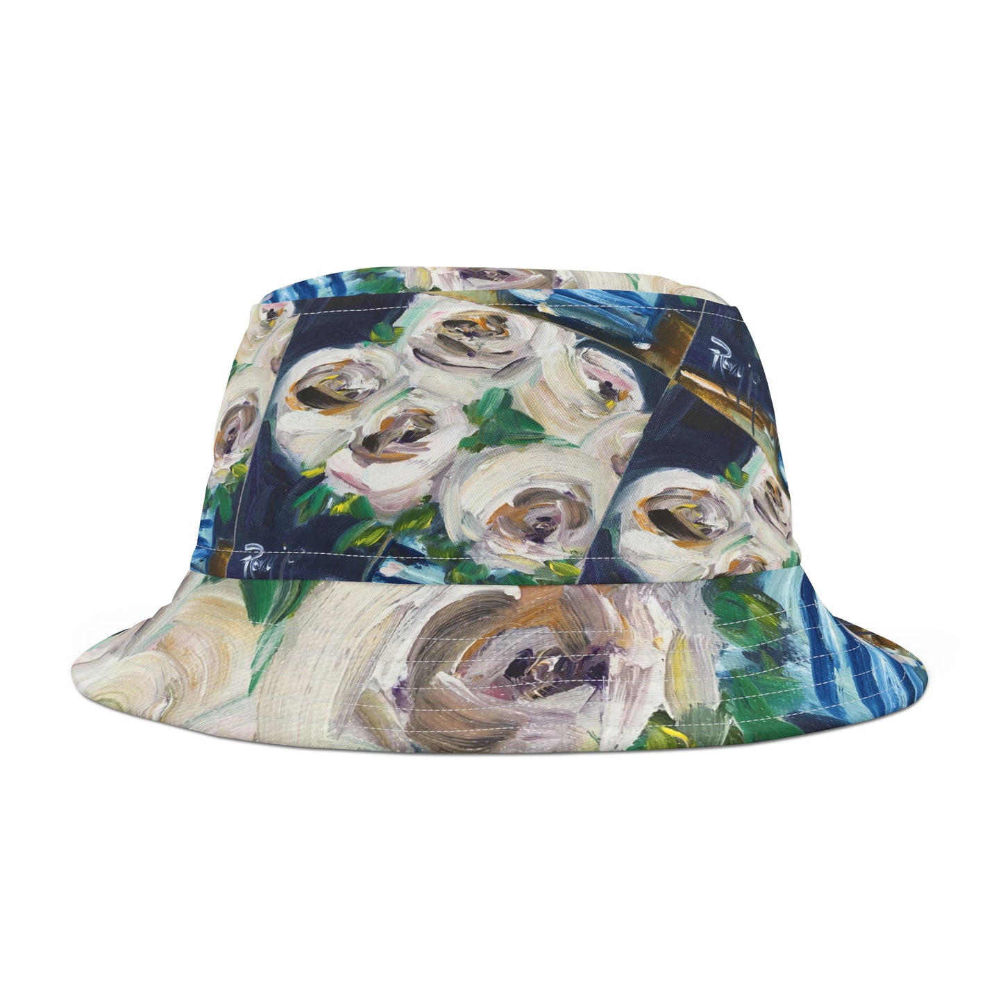 White Roses in a Striped Vase Bucket Hat