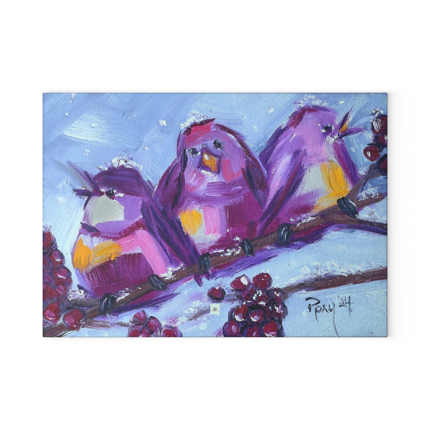 Glass Cutting Board-Whimsical Chirpy Birds Perched on a Snowy Branch with Berries