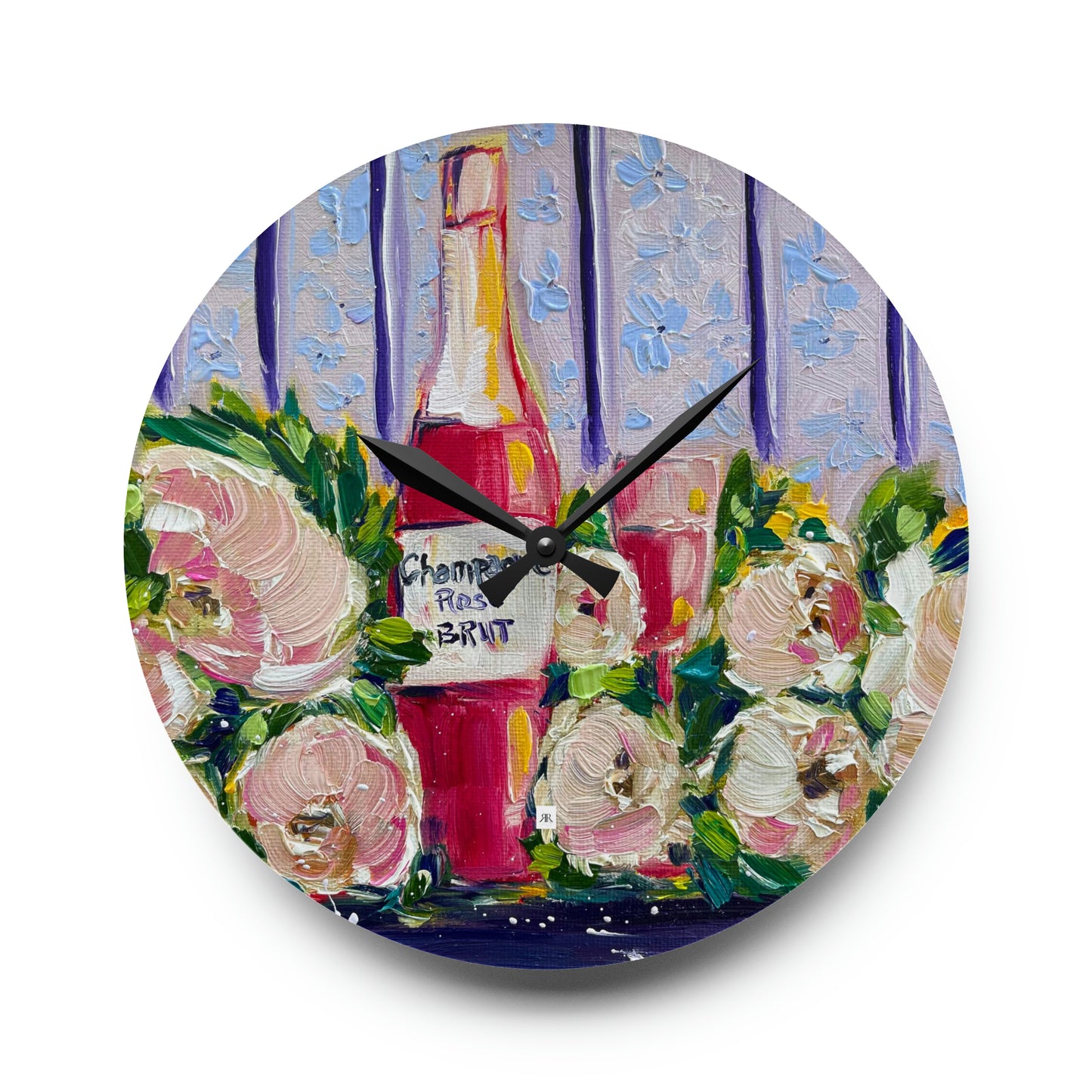 Champán rosa y peonías- Reloj de pared acrílico 