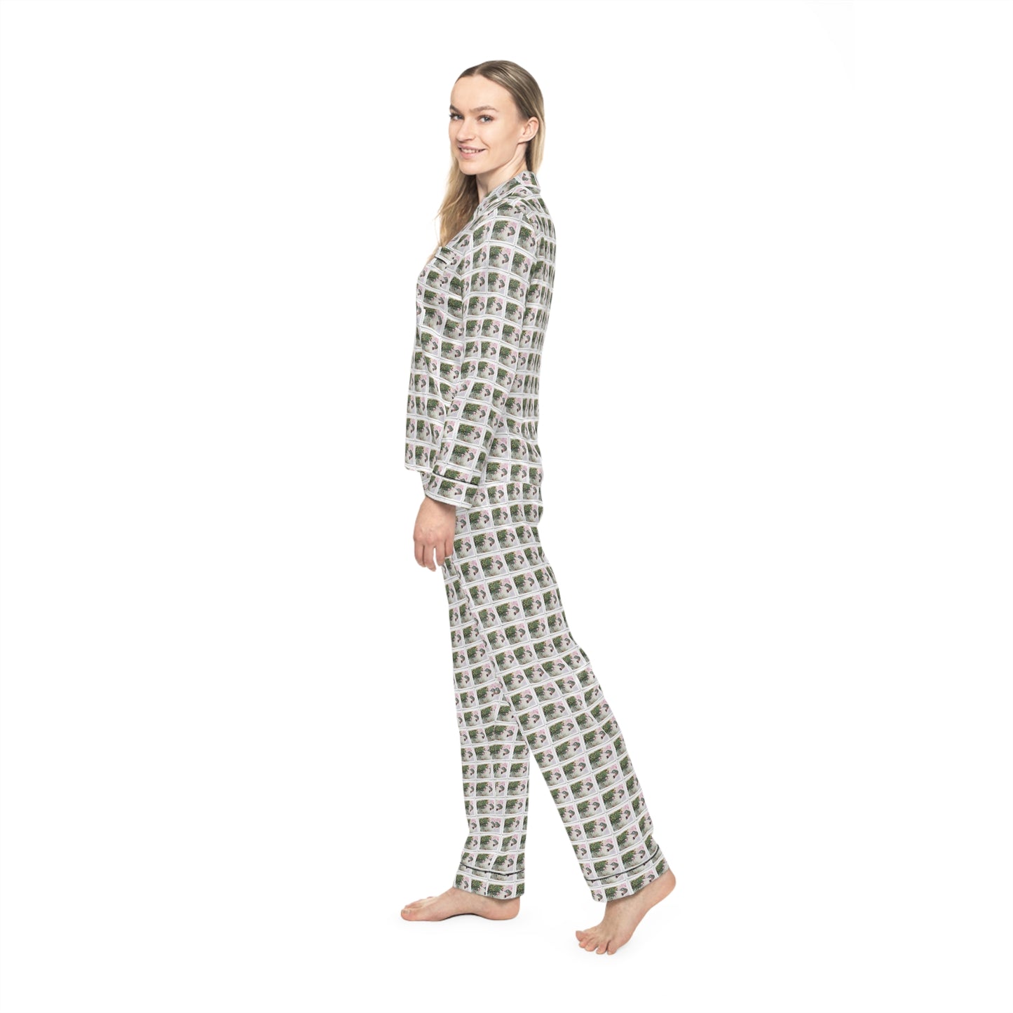 Satin Pajamas — Luxurious Silky Sleepwear Set-Hummingbird with Fuchsias