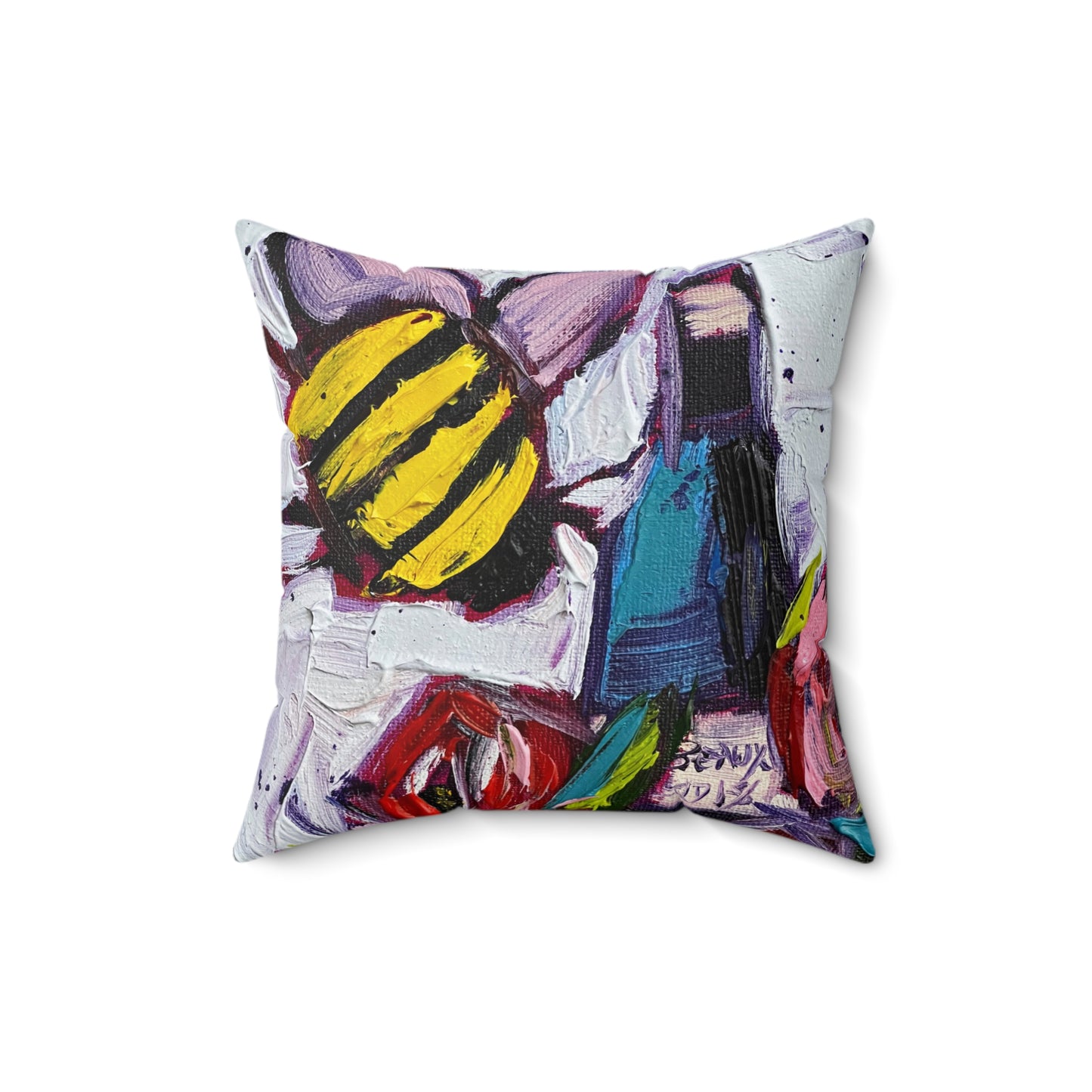 Bee Happy Wine Bee and Roses Indoor Spun Polyester Square Pillow