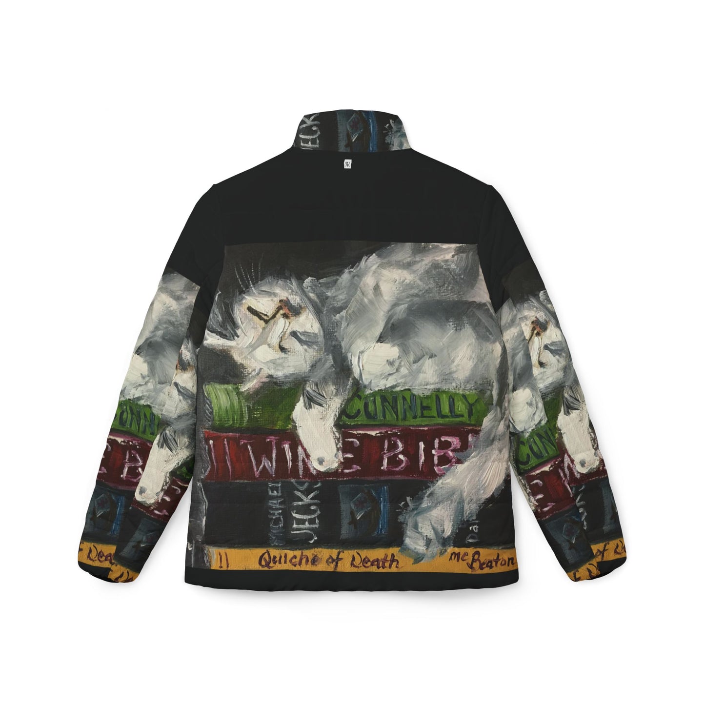 Women's Puffer Jacket - Roxy Rich Fine Art -Bibiliocat Cat Sleeping on Books