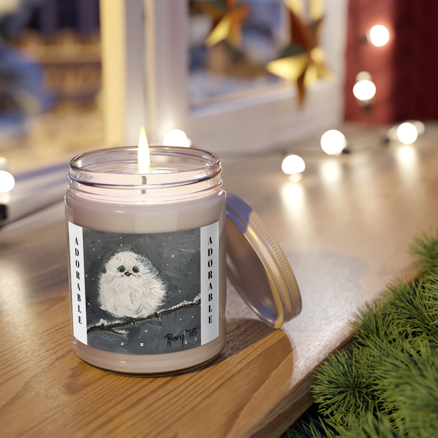 Scented Candles, 9oz-Adorable Fluffy Baby Tit perched on a Snowy Branch