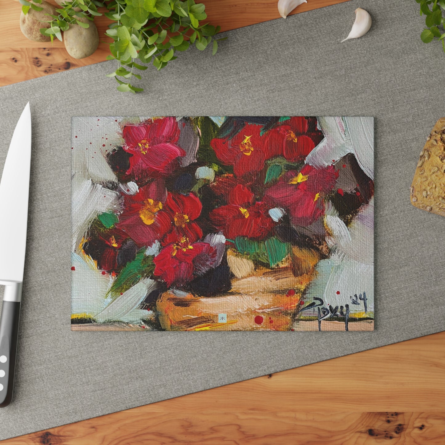 Wax Begonias in a Basket Glass Cutting Board