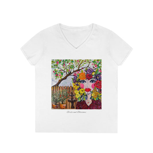 Oiseaux et fleurs T-shirt col V pour femme