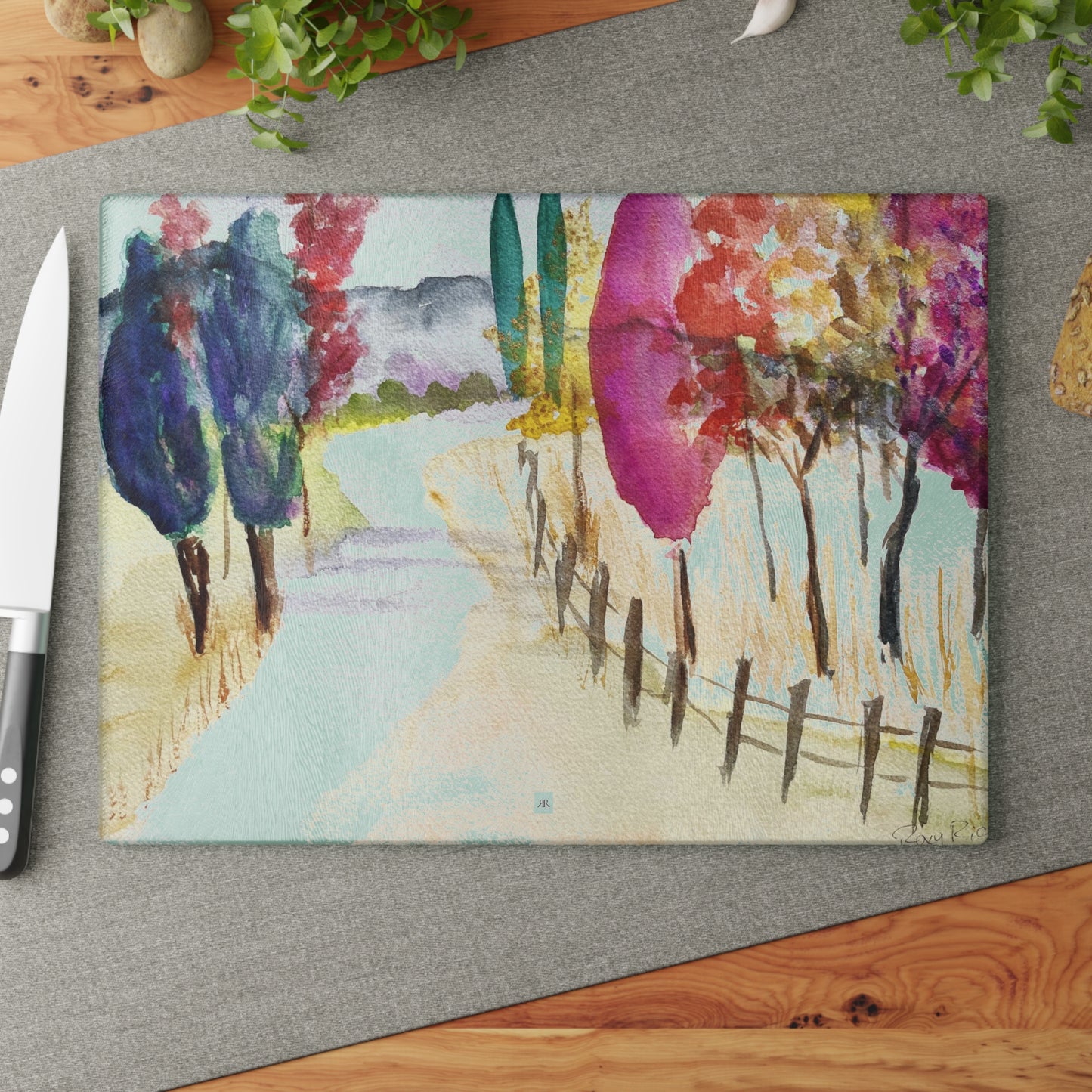 Whimsical Trees Landscape Glass Cutting Board