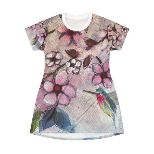 T-Shirt Dress -Hummingbird in Cherry Blossoms