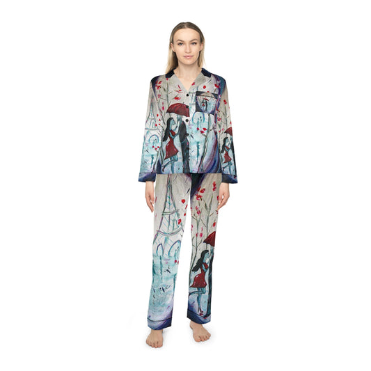 Women's Satin Pajamas — "I Only Have Eyes for You" Romantic Paris Couple (Valentine's Gift)
