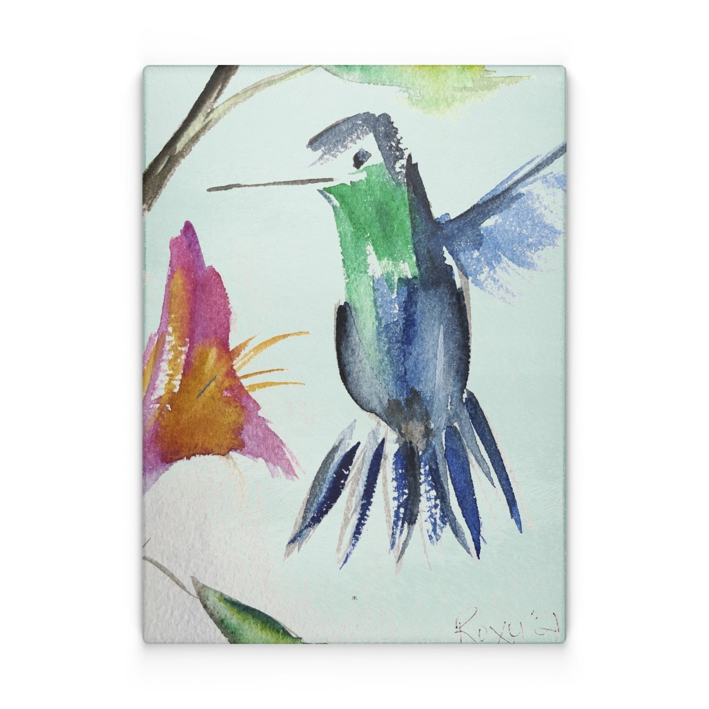 Planche à découper en verre colibri bleu
