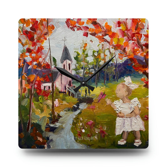 Isla at the Baptism (Rural Church Landscape with Toddler) Acrylic Wall Clock