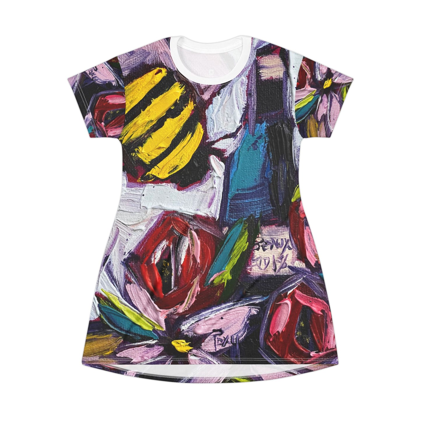 T-Shirt Dress (AOP)-Bee Happy-Bee Wine and Roses