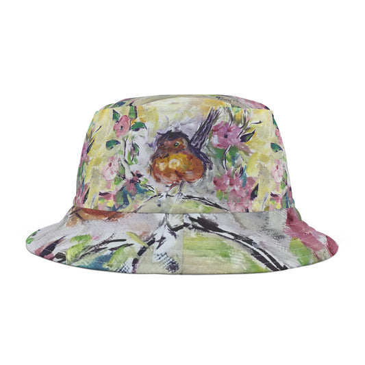 Robin en sombrero de pescador de flores de cerezo