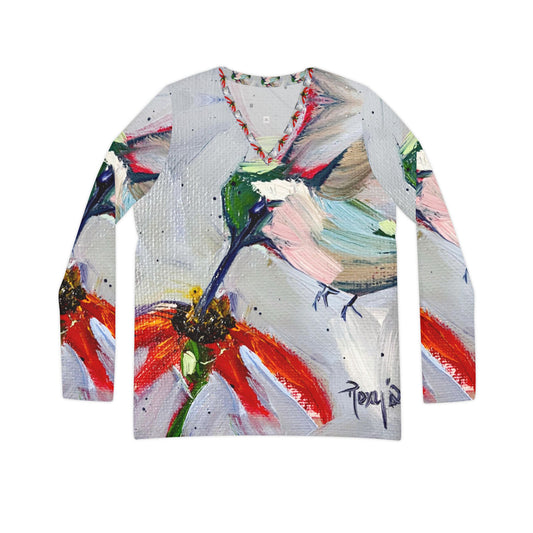 Long Sleeve Shirt- Hummingbird at a Coneflower- V-neck Women's