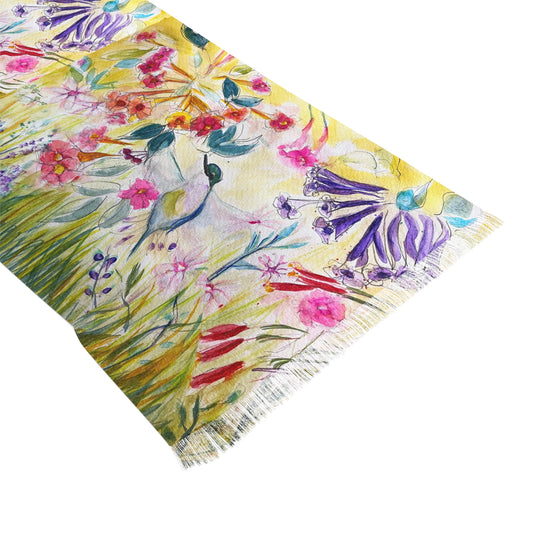 Colorful Scarf — Artistic Lightweight Neck Wrap- Hummingbird in a Tube Flower Garden