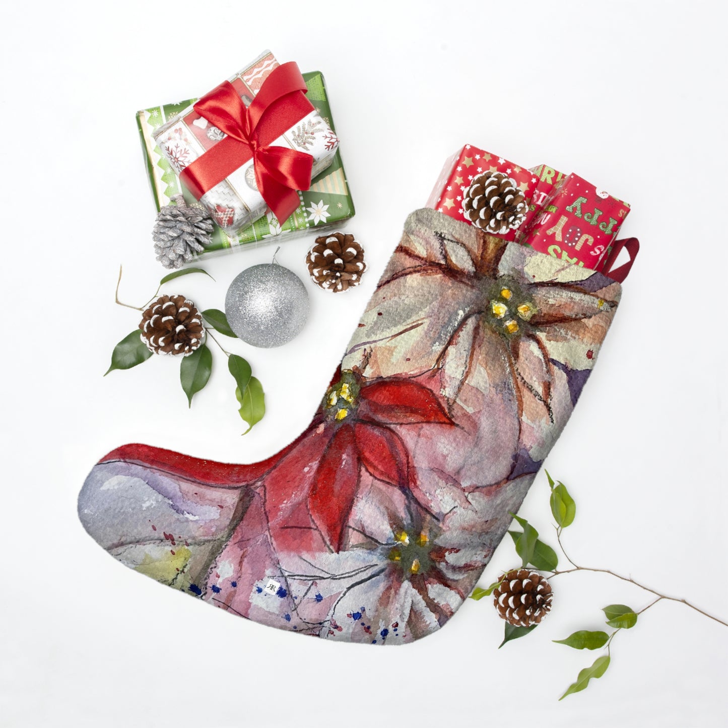 Elegant Red and White Poinsettias Christmas Stocking