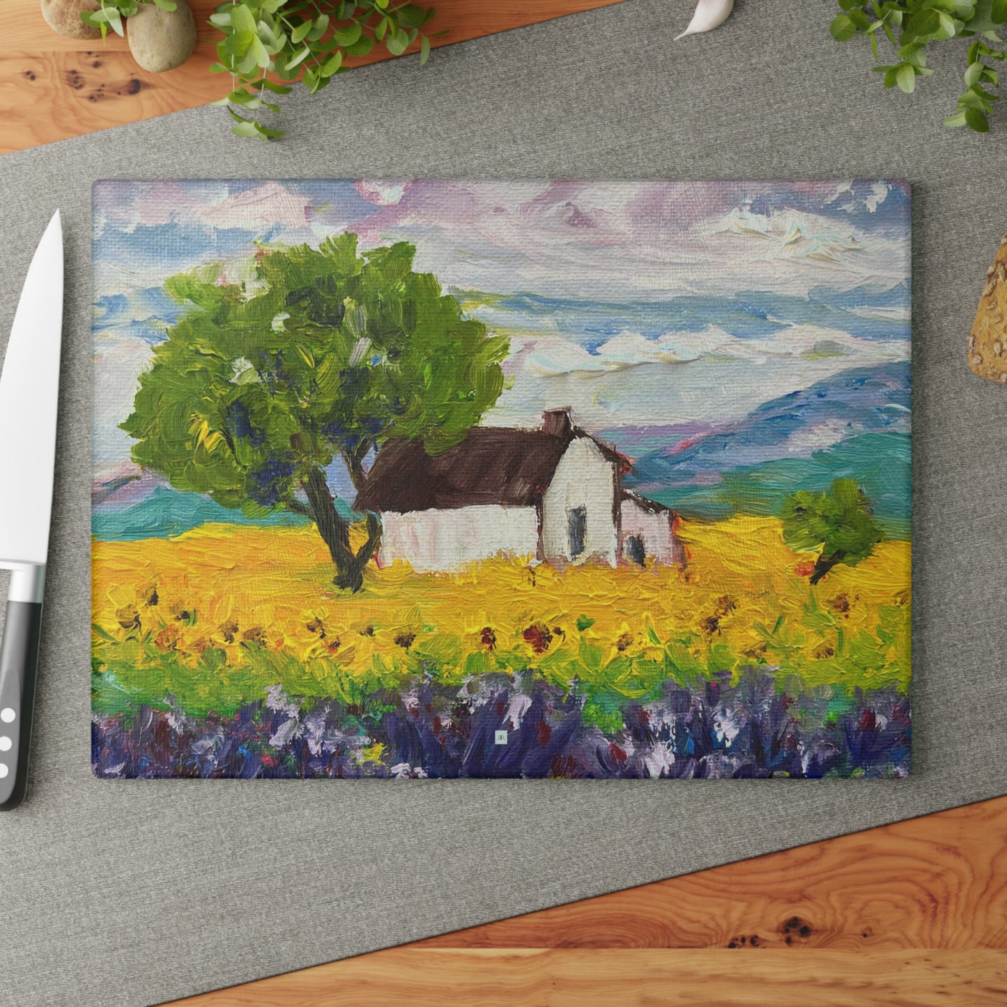 Sunflowers and Lavender Glass Cutting Board
