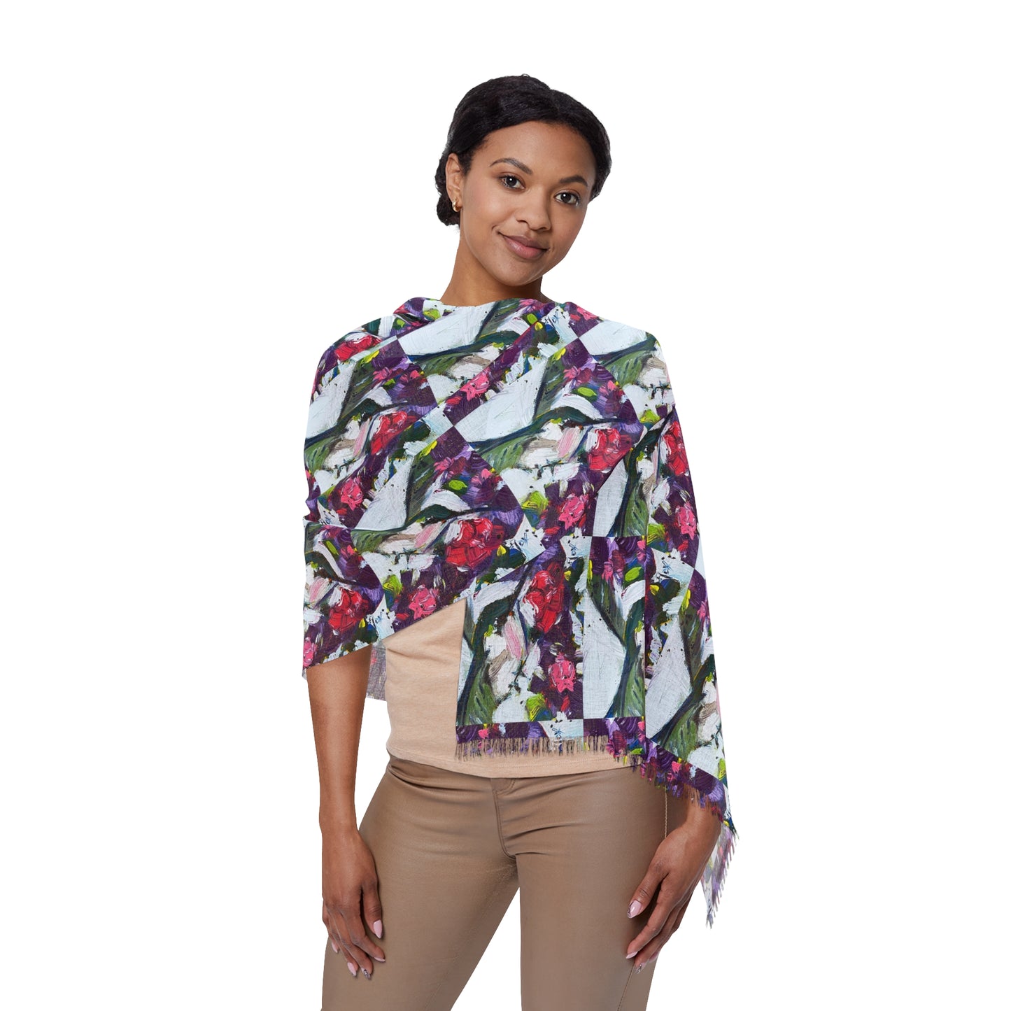 Colorful Scarf — Artistic Lightweight Neck Wrap- Floating on Flowers Hummingbird