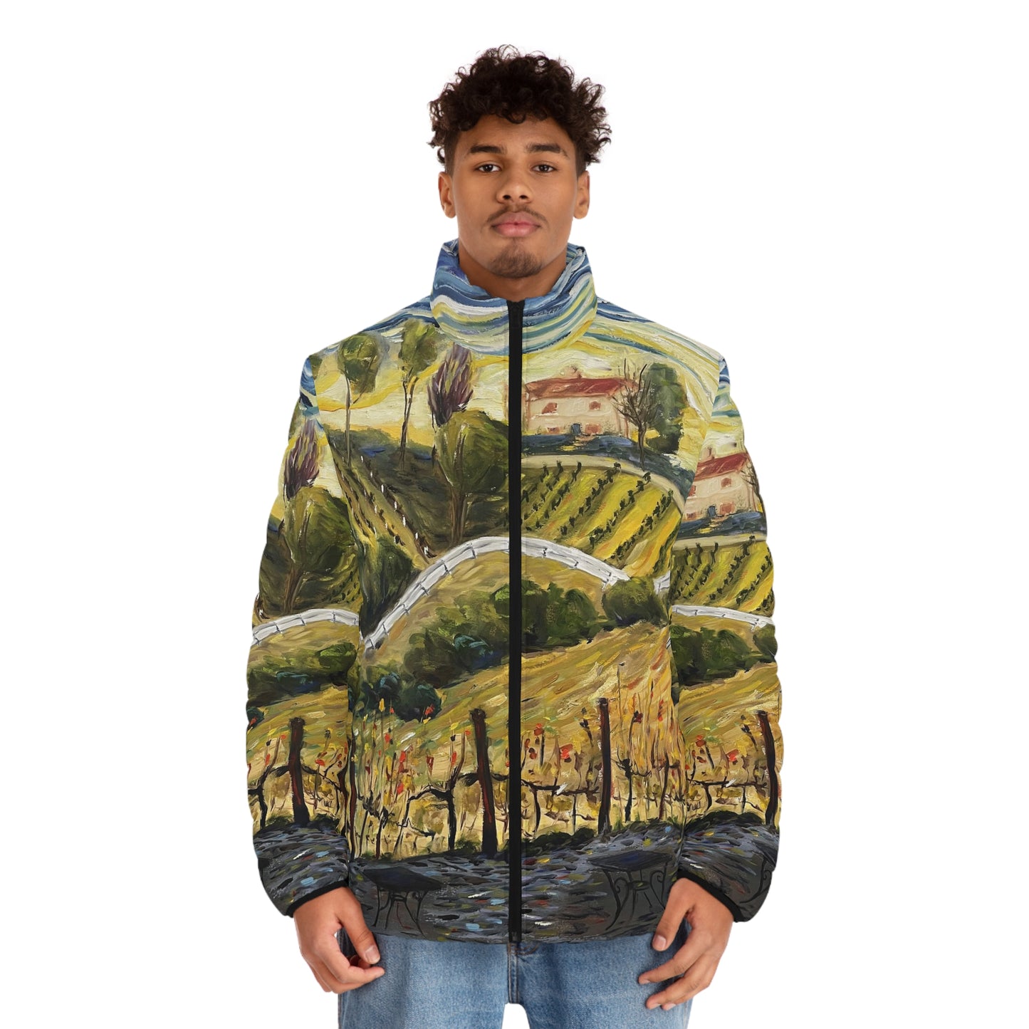 Men's Puffer Jacket - Roxy Rich Art, Unique Bright Colors-Sunset at the Villa  GBV