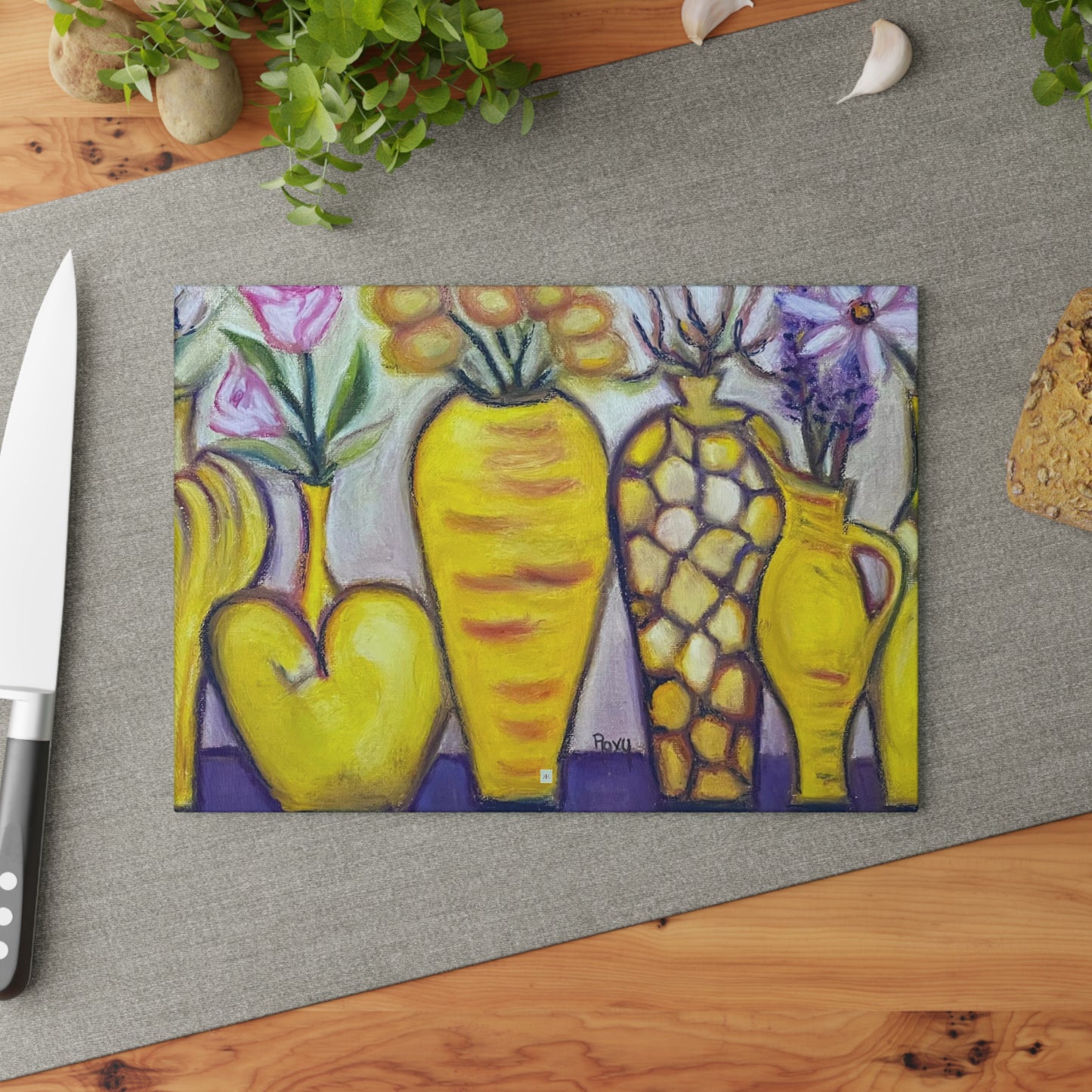 Yellow Vases Glass Cutting Board
