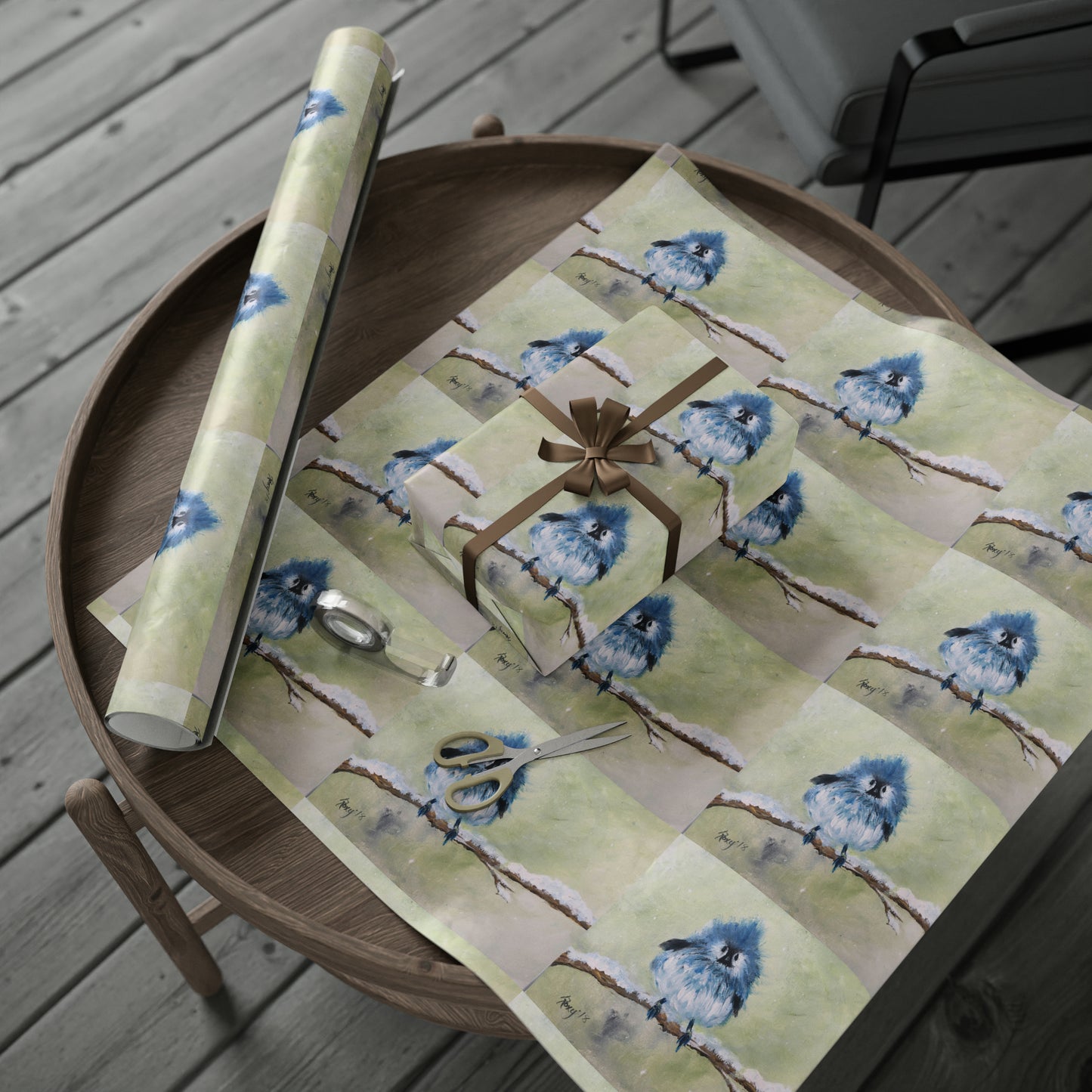 Fluffy Mountain Bluebird Chick in Snow (3 Sizes) Wrapping Papers