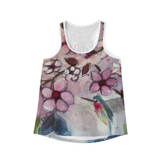 Women's Racerback Tank Top-Hummingbird in Cherry Blossoms