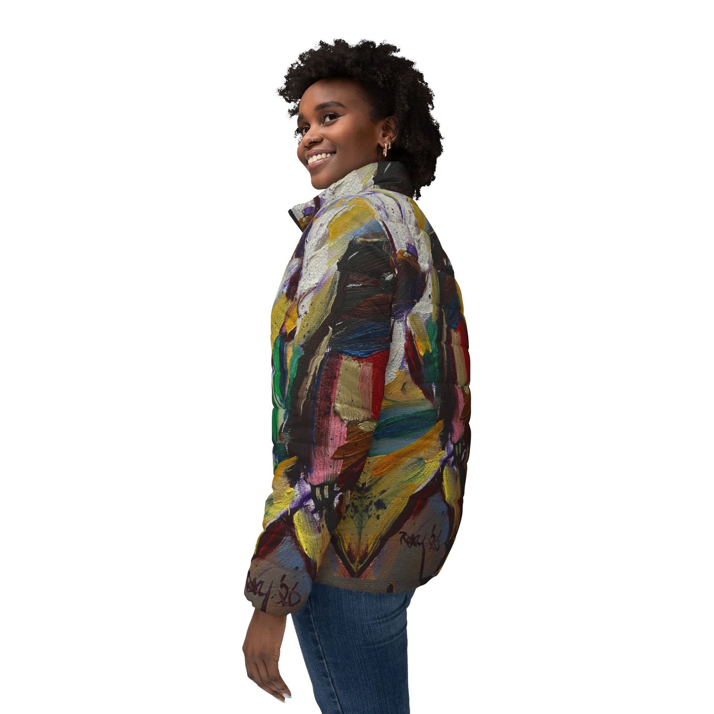 Women's Puffer Jacket - Roxy Rich Fine Art Design-Stained Glass House Finch