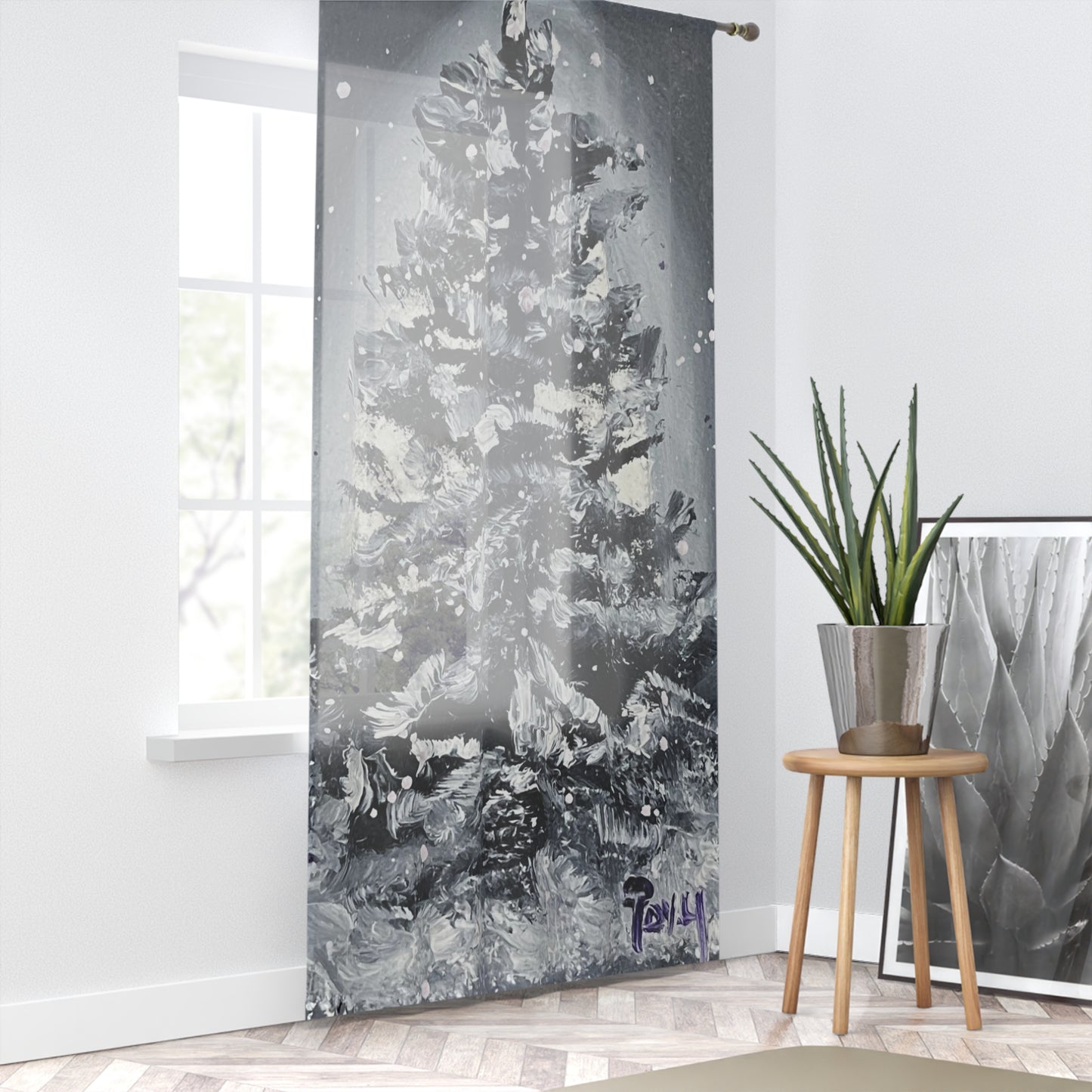 Rideau de fenêtre transparent en forme d'arbre de Noël enneigé, 84x50 pouces