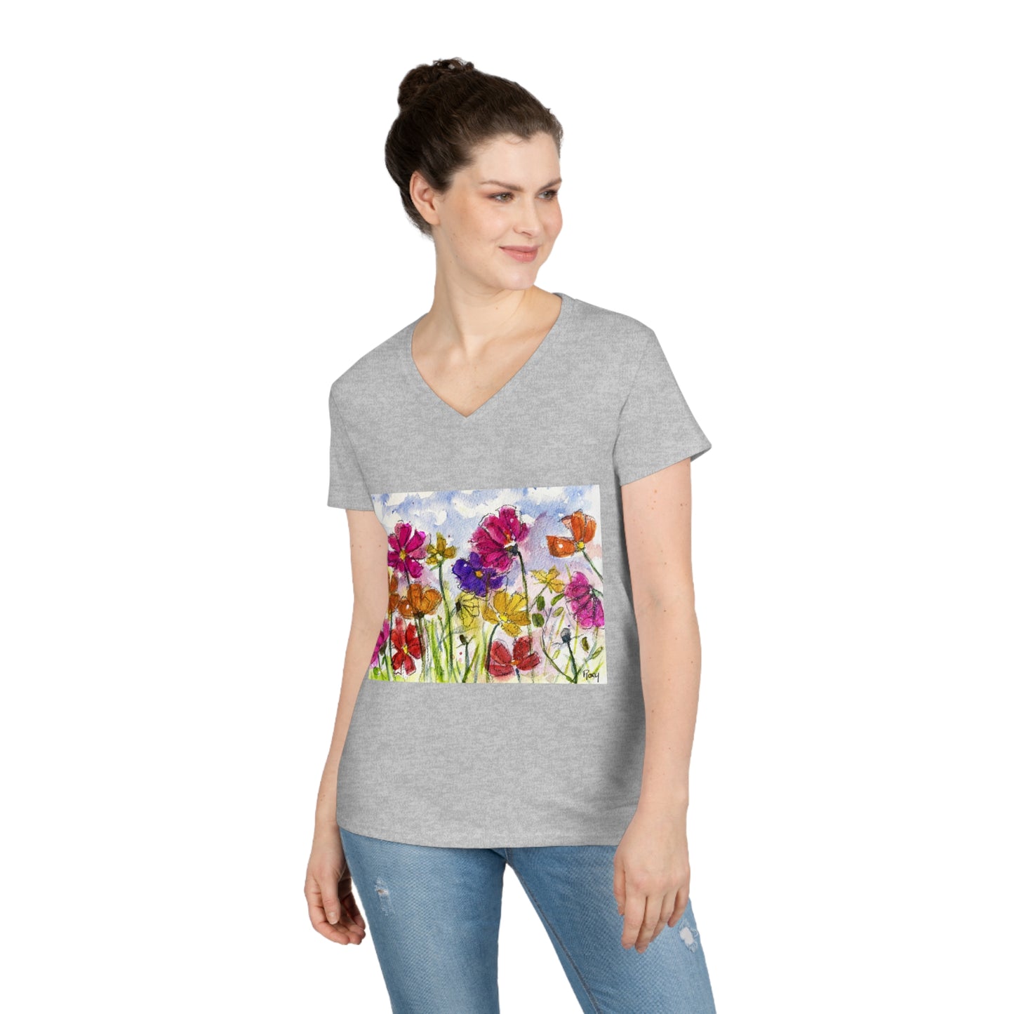 Cosmos Garden T-shirt col V pour femme