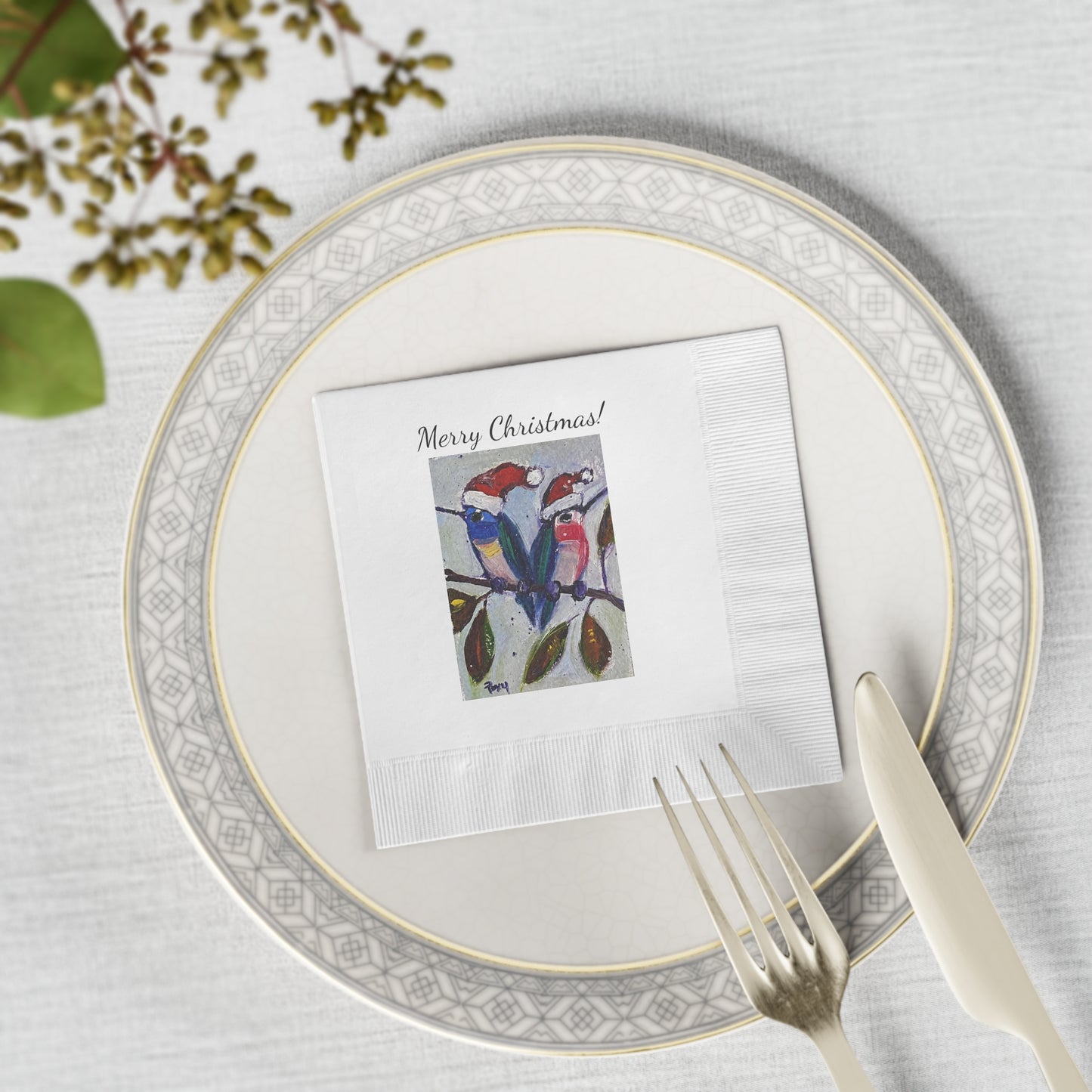 Merry Christmas! Holiday Hummingbirds-White Coined Napkins