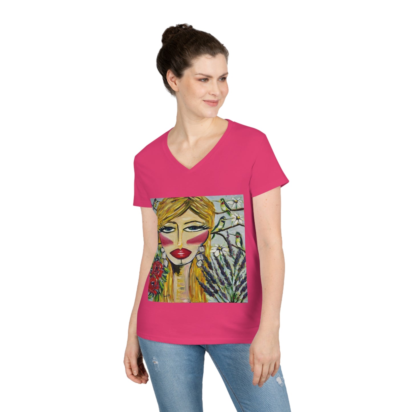 Hummingbird Lady Ladies' V-Neck T-Shirt