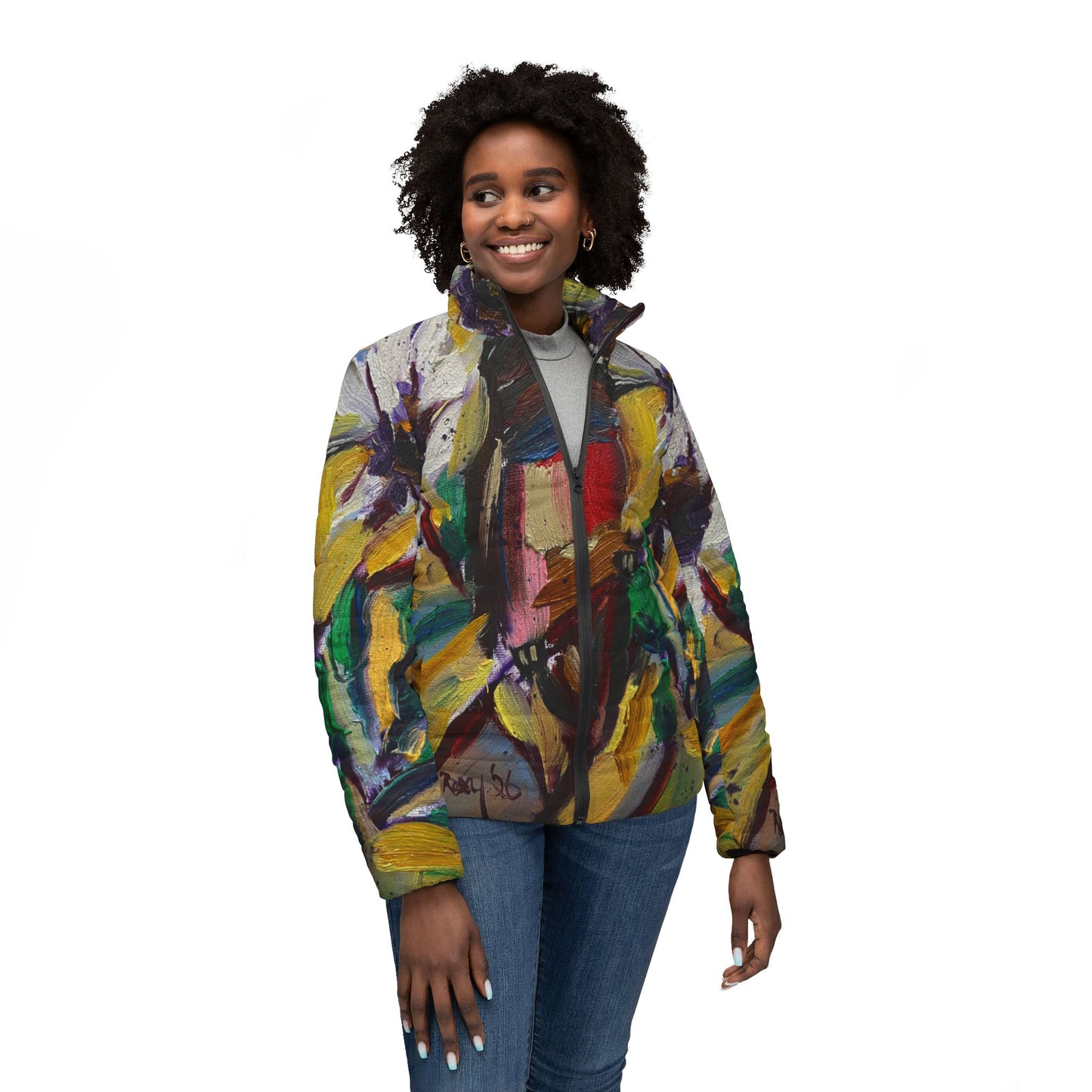 Women's Puffer Jacket - Roxy Rich Fine Art Design-Stained Glass House Finch