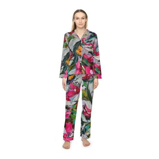 Satin Pajamas - Colorful Encounter Bird and Floral Print