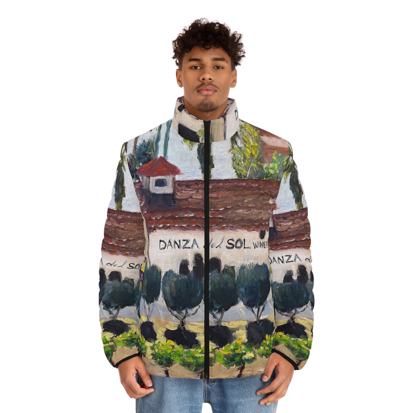 Men's Puffer Jacket - Roxy Rich Art, Unique Bright Colors-Danza Del Sol Winery