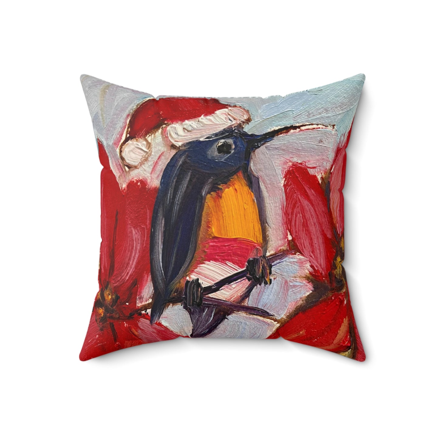 Holiday Hummingbird (Colibrí con Poinsettias) Almohada cuadrada de poliéster hilado para interiores