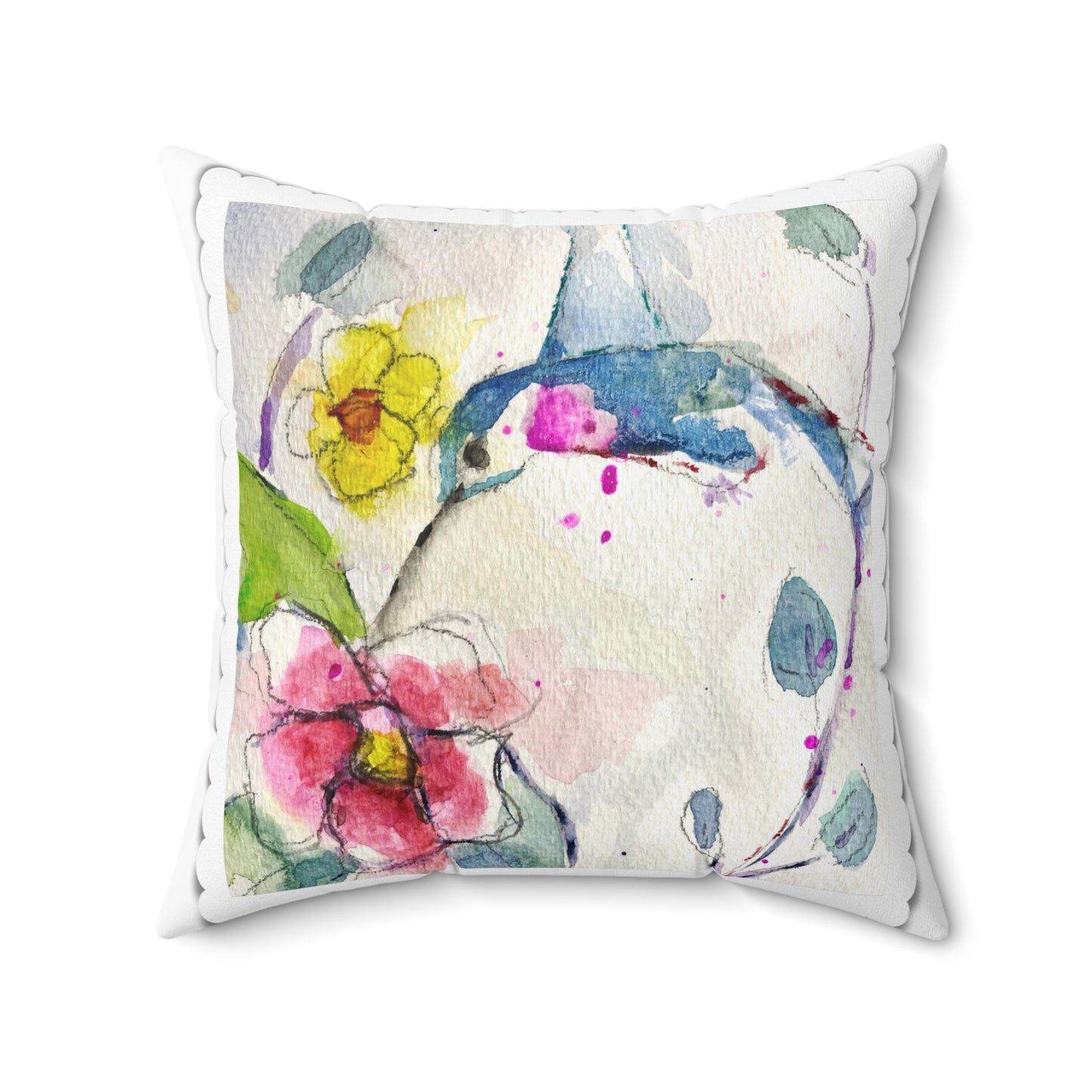 Floaty Loose Floral Hummingbird Indoor Spun Polyester Square Pillow