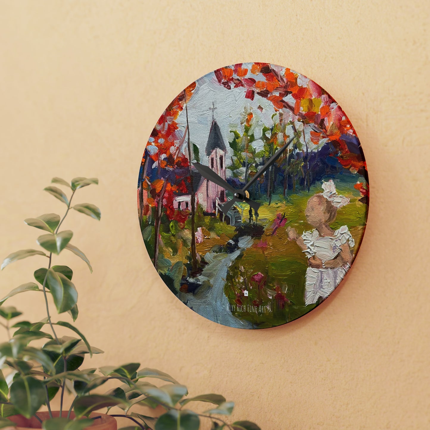 Isla at the Baptism (Rural Church Landscape with Toddler) Acrylic Wall Clock